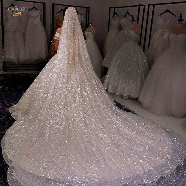 TOPQUEEN V101 Sparking Bridal Veil Glitter Wedding Veil Long 3M/5M Luxury Cathedral Wedding Veil Champagne Colored Wedding Veils