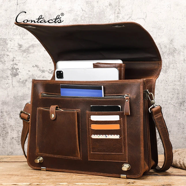 CONTACT'S Business Men Briefcase Crazy Horse Leather Shoulder Messenger Bags Luxury Brand Latop Bag for 15.6 inch Tote Handbags
