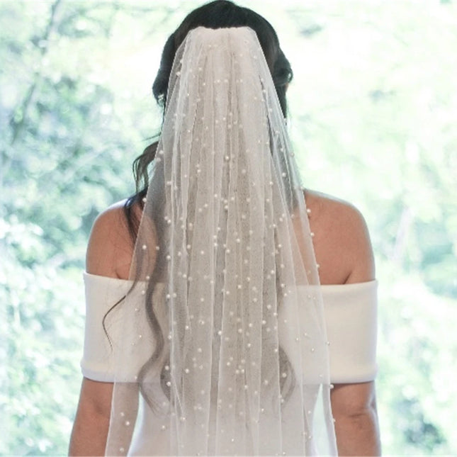 Long Wedding Veil With Pearls One Layer Cathedral Bride Veil With Comb Beaded Veil for Bride White Ivory Wedding Accessories