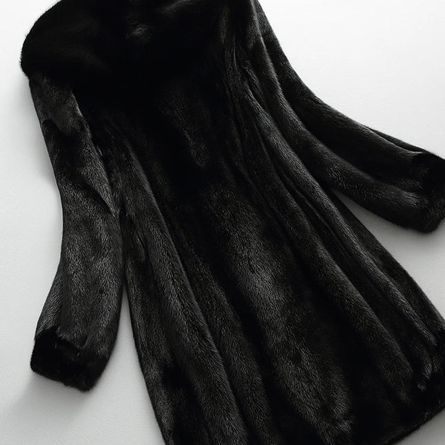 Lautaro Winter Luxury Long Black Faux Mink Fur Coat Women with Hood Long Sleeve Elegant Thick Warm Fluffy Furry Jacket 6xl 7xl