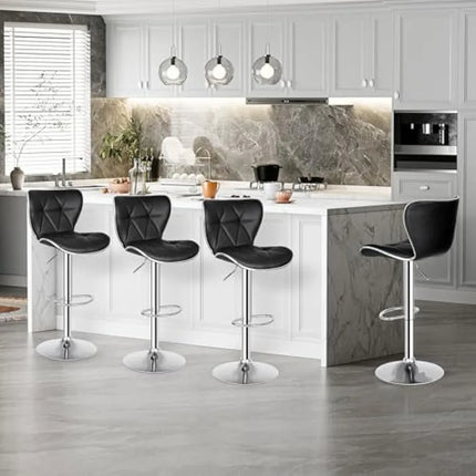 Adjustable Swivel Bar Stools Set of 4, Counter Height Bar Stools with Back, PU Leather Shell Back Tall Stools Set, Black