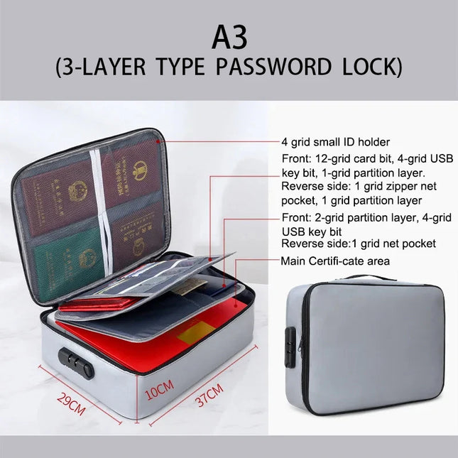Fireproof Document Password Bag Travel Waterproof File Money Storage Safe Papers Zipper Safety Organizer Multi-Layer Card Case