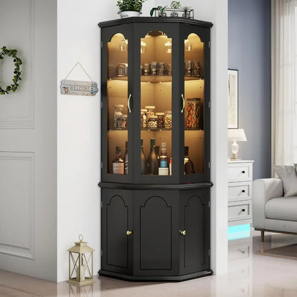 Corner Bar Cabinet w/LED Lights, Tall Modern Wine Cabinet with Tempered Glass Door & Adjustable Shelves