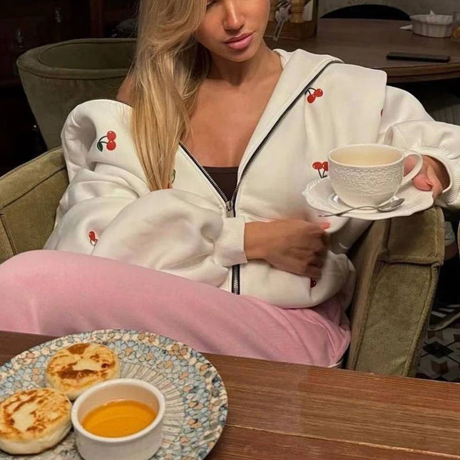 Women's Fashion Cherry Print White Streetwear Hooded SweatShirt Women's Long Sleeve Loose Oversized Zip Up Hoodie Sweatshirt