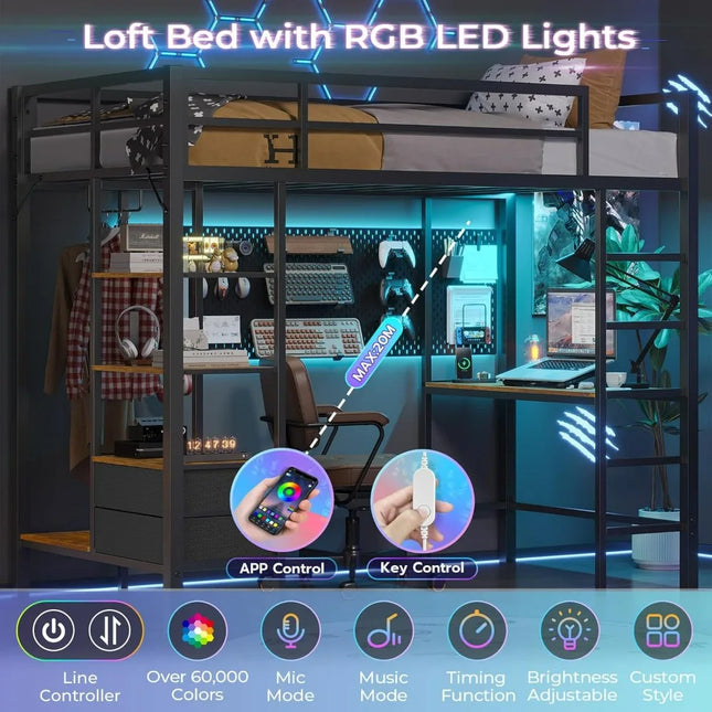 Loft Bed, Desk and Charging Station Metal Loft Bed with Led Lights, Bed Frame with Clothes Rail, Safety Guard & Ladder, Bed