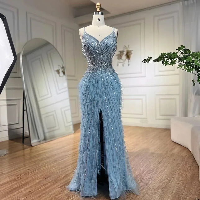Serene Hill Beige Spaghetti Strap Split Feathers Beaded Formal  Mermaid Evening Dresses 2025 LA70623 Customized