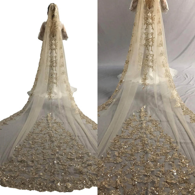 Glitter Wedding Veil Sequin Appliques Cathedral Length One Layer Bridal Veils Applique Edge For Bride Velo De Cabeza Custom Made