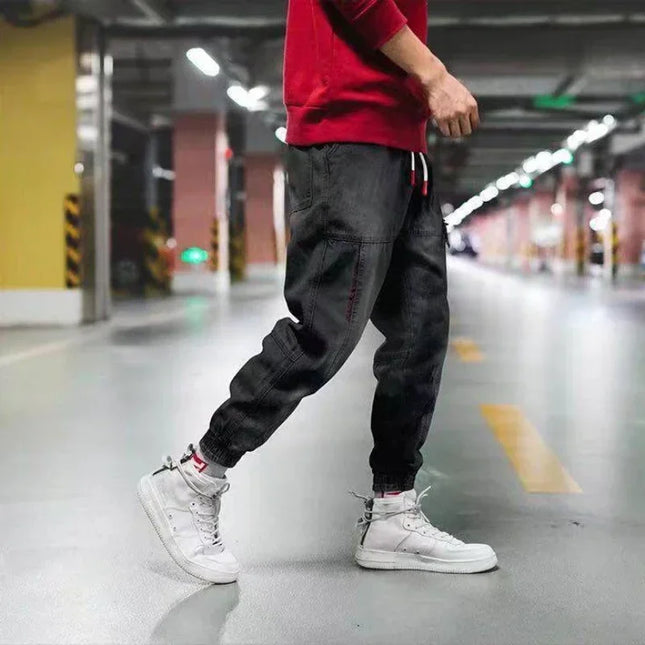 Men's Jeans with Elastic Baggy Harem Pants and Ankle Band for Sports Joggers Korean Fashion Streetwear Hip Hop Cargo Pants Black