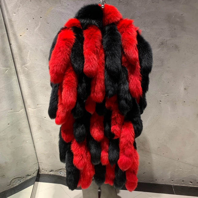 Fox Tail Coats Long Lady Real Fox Fur Cloth Double Side Turn Down Collar Winter Warm Natural Fur Cloth 7337