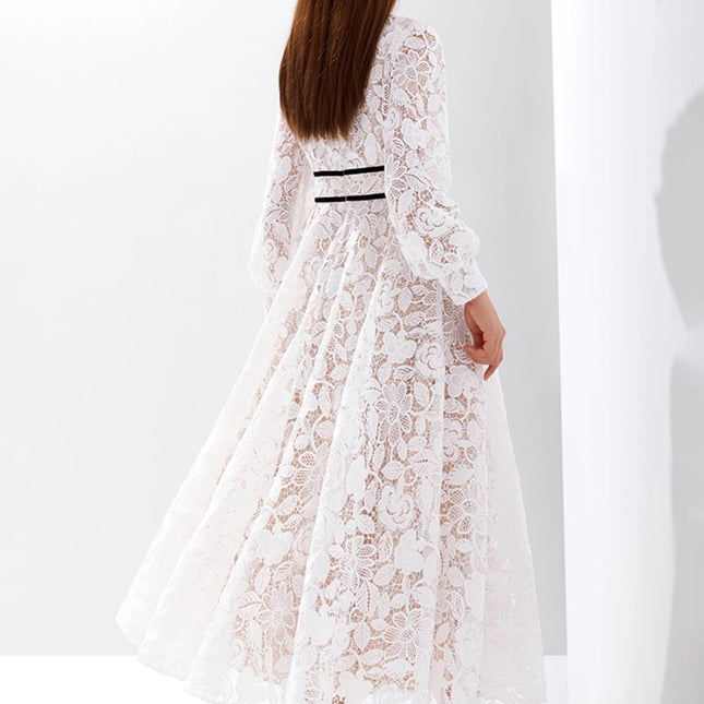 Women Luxury Embroidered Long Maxi Evening Dress Lace Hollow Out Flowers Elegant White New Arrival Summer Party Dress Vestidos