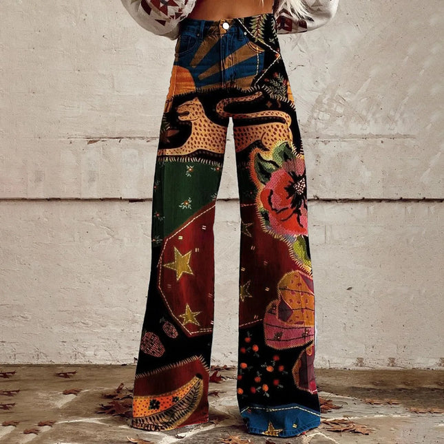 Vintage Gradient Faux Denim Pants Womens Wide Leg New Fashion High Waist Casual Retro Punk Women Faux Denim Trousers Jeans
