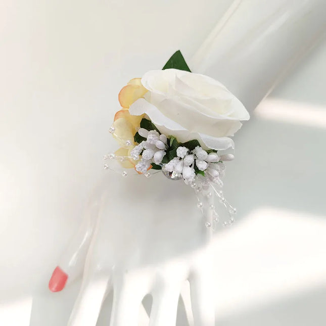 White Silk Roses Baby Breath Boutonniere Wedding Accessories Wrist Corsage Bracelets Bridesmaids Artificial Flowers Buttonhole