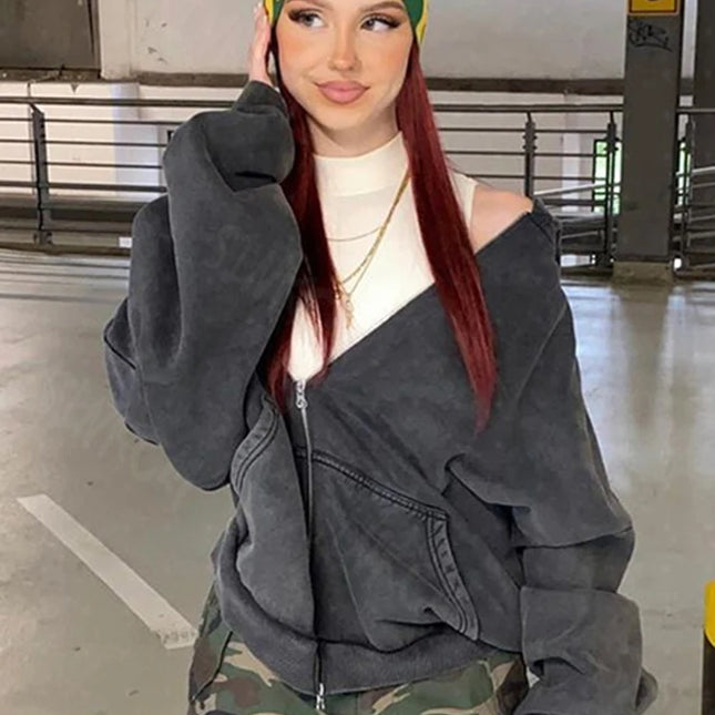 Aesthetic Clothing Retro Washed To Make Old Zipper Long sleeve Hoodies Oversized Zip Up Sweatshirt Coat Spring Autumn Streetwear