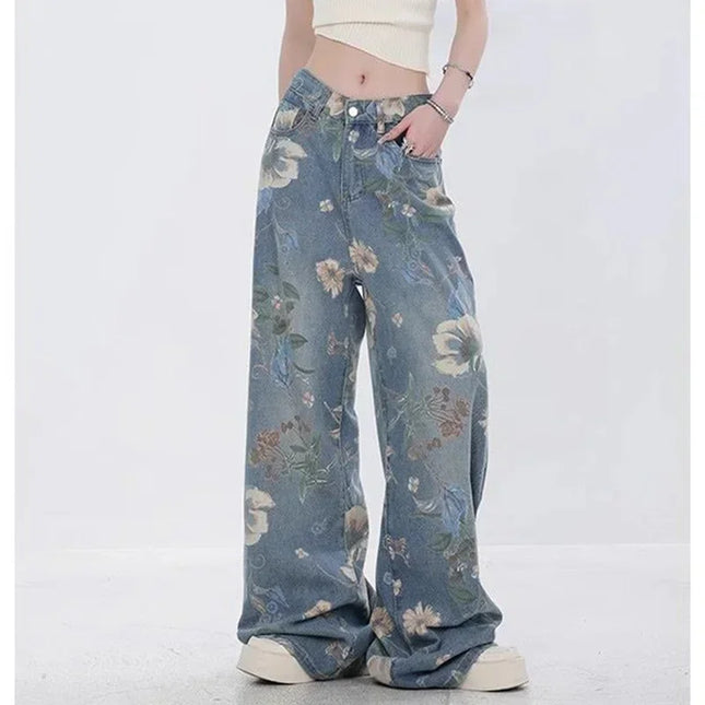 Vintage Printed Jeans Women Fashion New Floral Korean Hip Hop Denim Trousers Autumn Loose Casual Wide Leg Y2K high Street Pants