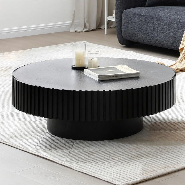 31.5'' Natural Coffee Table Modern Handcraft Drum Round Circle Wooden Solid Wood Veneer Tea Table for for Living Room Apartment