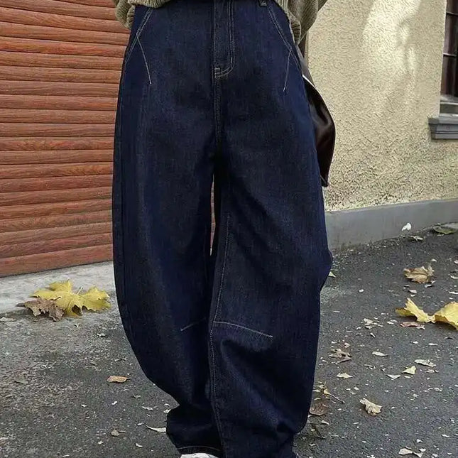 [EAM] High Waist Dark Blue Denim Long Casual Wide Leg Jeans New Loose Women Trousers Fashion Tide Spring Autumn 2025 1DH1472