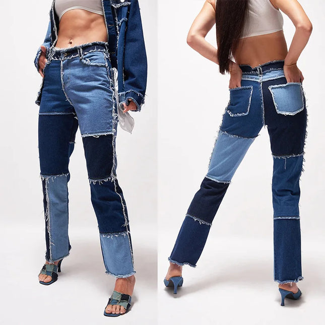 2022 Hot Sale Mixed Color Patchwork Jeans For Women Fashion High Stretch Denim Straight Pants Street Hipster Trousers XS-2XL