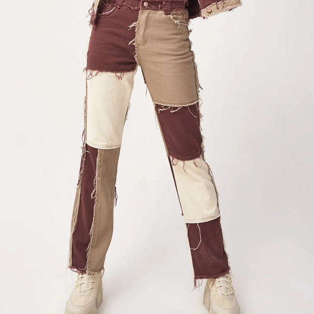 2022 Hot Sale Mixed Color Patchwork Jeans For Women Fashion High Stretch Denim Straight Pants Street Hipster Trousers XS-2XL