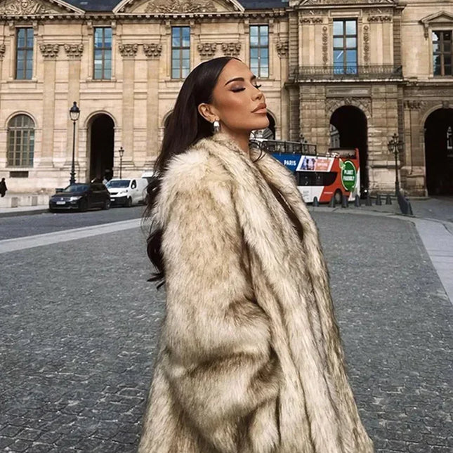 Luxurious Fur Coat Women Lapel Faux Fur Coat Outerwears Street Long Sleeve Oversize Midi Jacket Female Winter Thick Warm Jackets