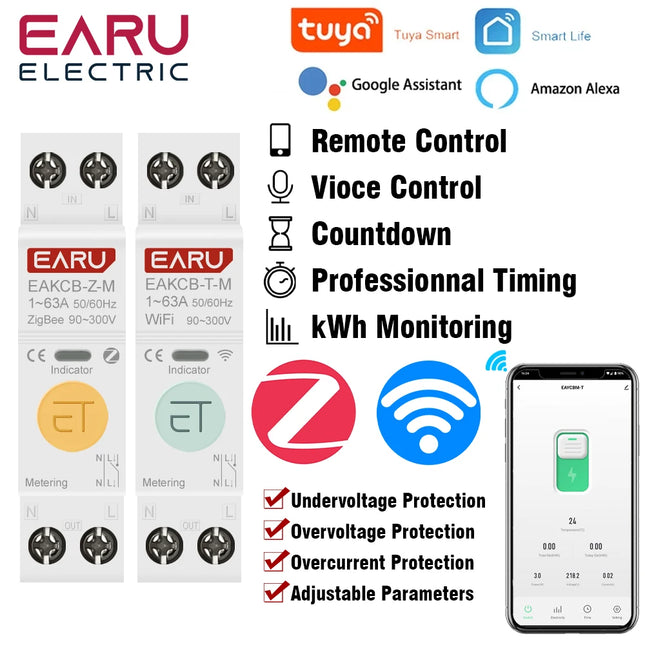 Tuya WiFi Zigbee Smart Circuit Breaker MCB 1P+N 63A Power Energy kWh Voltage Current Meter Protector Voice Remote Control Switch