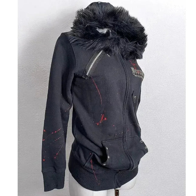 2024 Winter High Street vintage Plush sweatshirt Women y2k Goth Harajuku Fashion Street zipper hoodie couple casual loose coat