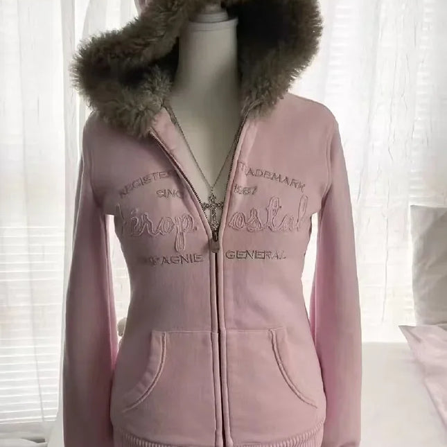 2024 Winter High Street vintage Plush sweatshirt Women y2k Goth Harajuku Fashion Street zipper hoodie couple casual loose coat
