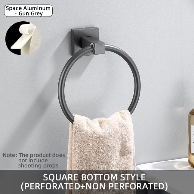 Black Towel Holder Wall Mount Self Adhesive No Punching Space Aluminum Bathroom Towel Hanger Towel Ring WB8719
