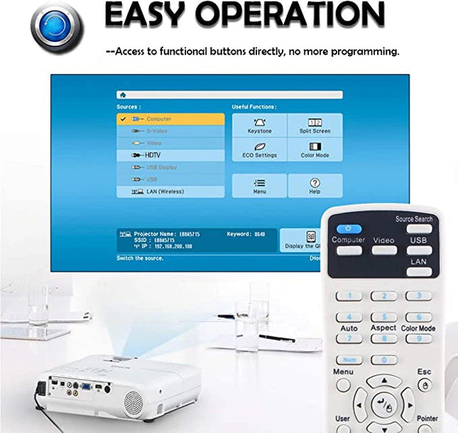 Universal Projector Remote Control for Epson Home Cinema, Powerlite, EB-, EX, VS, H, BrightLink, EMP- Series Projectors