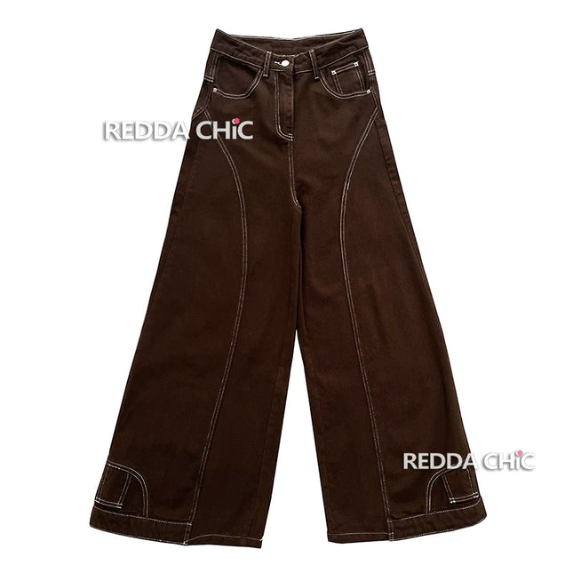 REDDACHiC Big Size Brown Baggy Jeans Women Retro Upside Down Stitch Seamed High Waist Wide Leg Pants Hip Hop Korean Streetwear