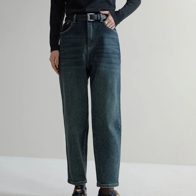 DUSHU High Street Style Slimming Stretch Carrot Pants for Women Winter Wear Daily Versatile High Waist Tapered Jeans Female