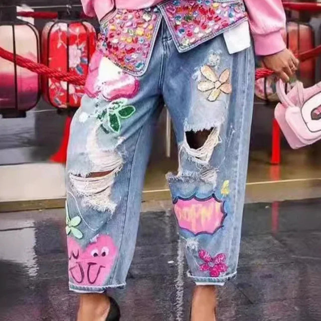 Women's Rhinestone Embellished Distressed Jeans High Waist Loose Trousers Trendy Stretchy Denim Pants Casual Chic Streetwear