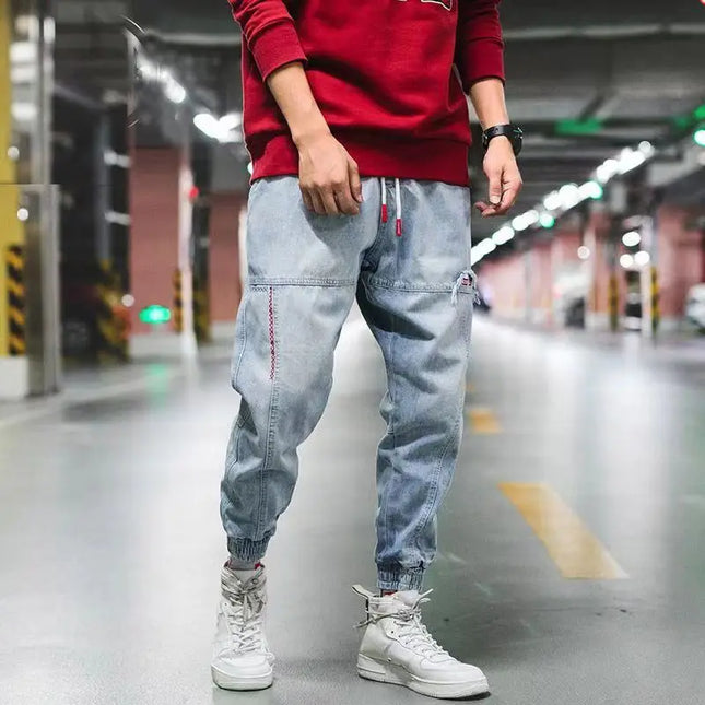 Men's Jeans with Elastic Baggy Harem Pants and Ankle Band for Sports Joggers Korean Fashion Streetwear Hip Hop Cargo Pants Black