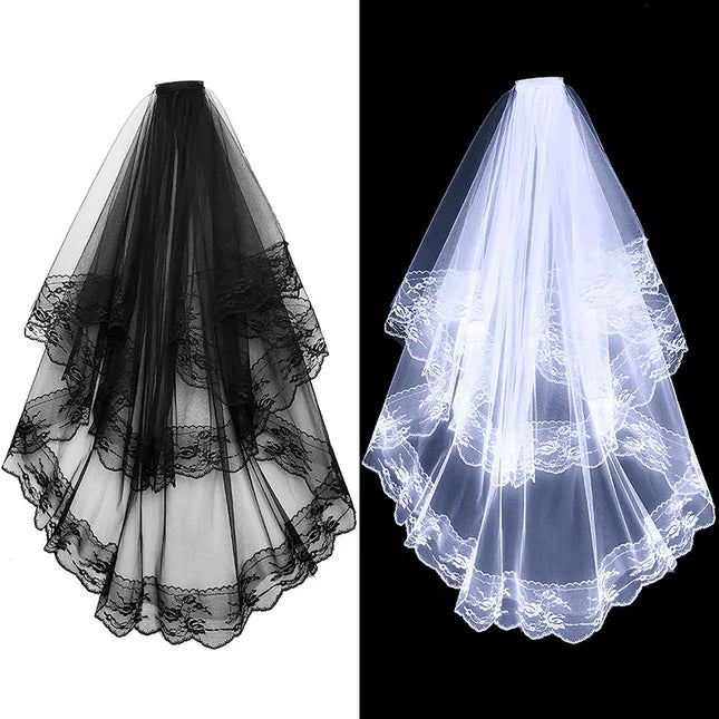 New Black White Lace Bridal Veils with Comb Short Two Layer Elegant Women Wedding Veils for Bride Marriage Accessories