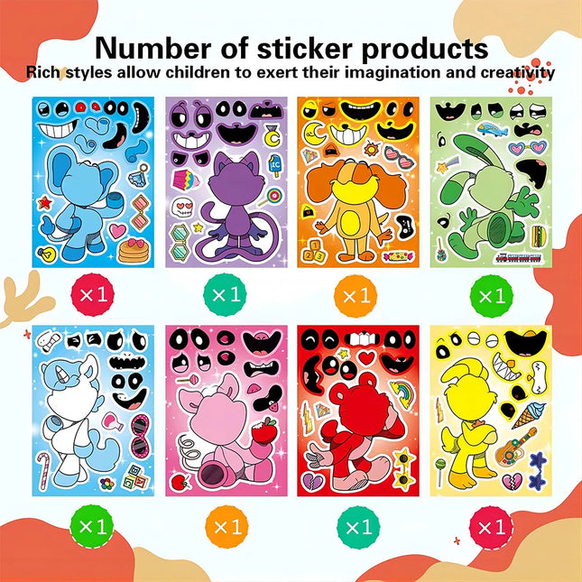 8/16Sheets Smiling Critters Horror Game Puzzle Sticker DIY Phone Laptop Luggage Skateboard Graffiti Decals Fun for Kid Gift