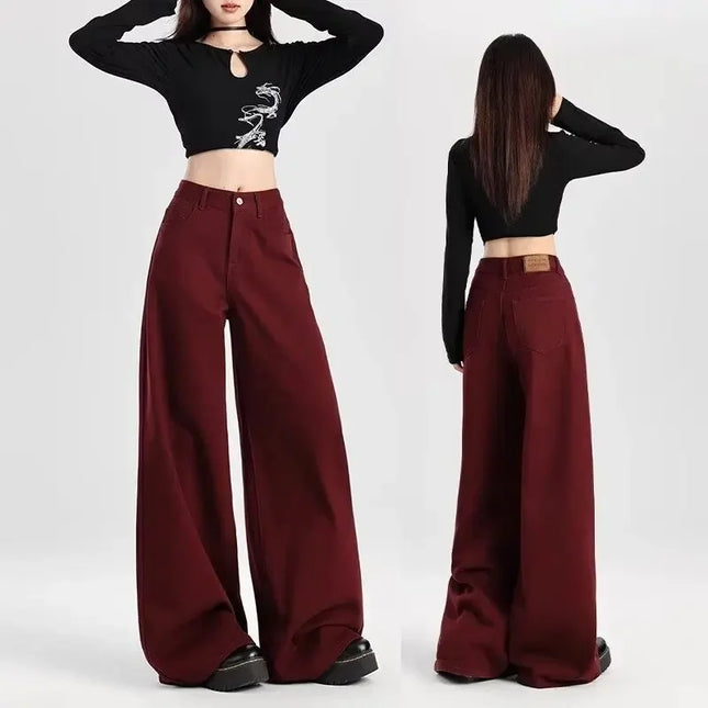 High Waist Wide Leg Straight Cut Jeans Autumn Winter Slimming Ankle-Length Pants Red Color Comfortable Fit Bootcut Denim Trouser