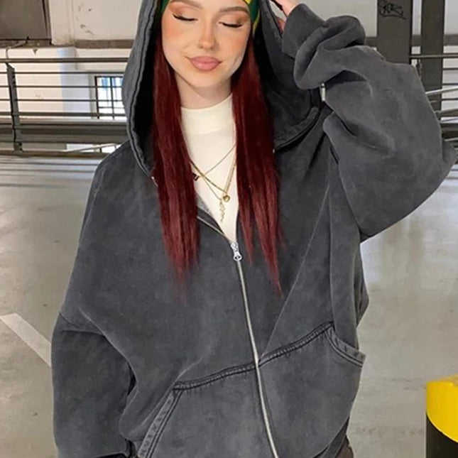 Aesthetic Clothing Retro Washed To Make Old Zipper Long sleeve Hoodies Oversized Zip Up Sweatshirt Coat Spring Autumn Streetwear