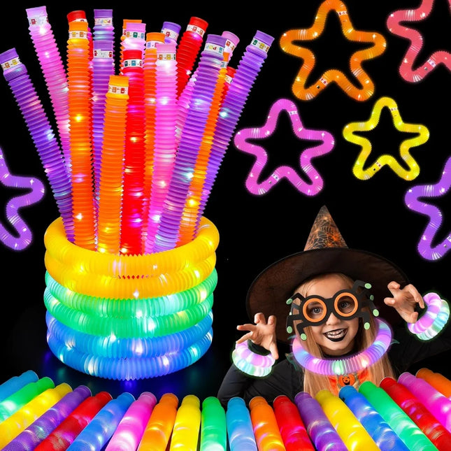3/6/12/18/24 pcs Pop Tubes Lighted LED Sensory Toys Pull Stretch Tube Toddlers Gifts Children's Luminous Popping Party Supplies