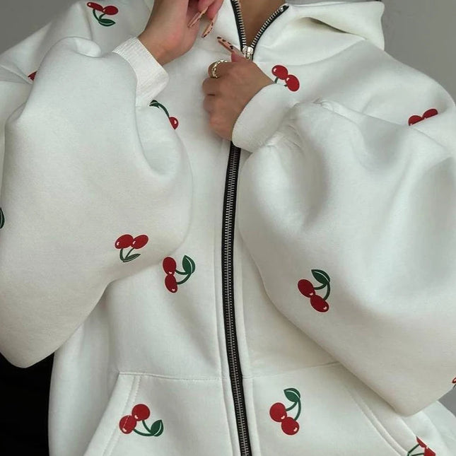 Women's Fashion Cherry Print White Streetwear Hooded SweatShirt Women's Long Sleeve Loose Oversized Zip Up Hoodie Sweatshirt
