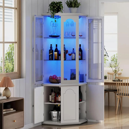 Corner Bar Cabinet w/LED Lights, Tall Modern Wine Cabinet with Tempered Glass Door & Adjustable Shelves