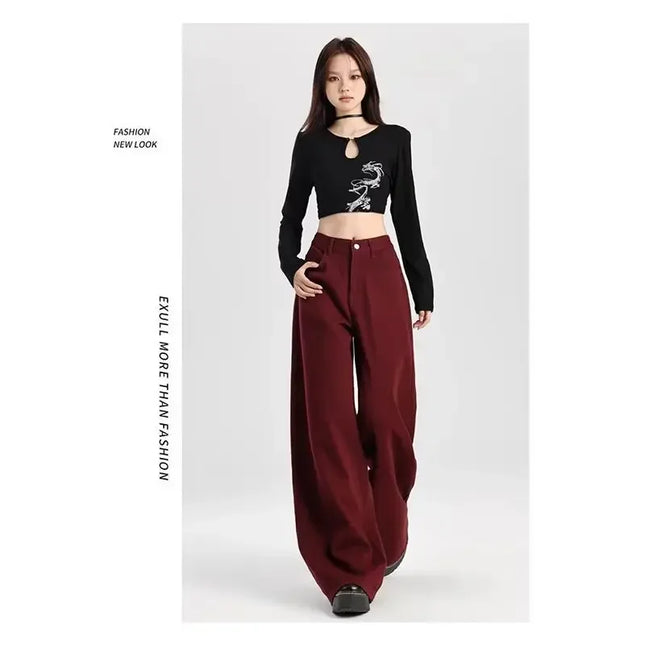 High Waist Wide Leg Straight Cut Jeans Autumn Winter Slimming Ankle-Length Pants Red Color Comfortable Fit Bootcut Denim Trouser