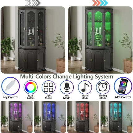 Corner Bar Cabinet w/LED Lights, Tall Modern Wine Cabinet with Tempered Glass Door & Adjustable Shelves