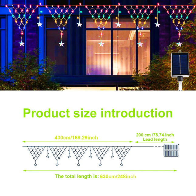Solar Christmas Decorative String Light LED Pentagram Ice Strip Curtain lights 8 Modes Outdoor Waterproof Garden Eave Decorative