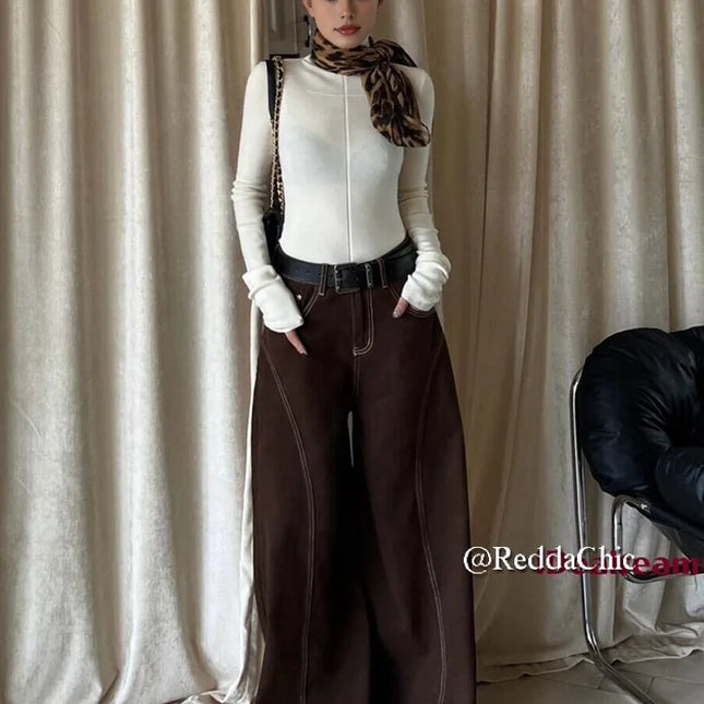 REDDACHiC Big Size Brown Baggy Jeans Women Retro Upside Down Stitch Seamed High Waist Wide Leg Pants Hip Hop Korean Streetwear