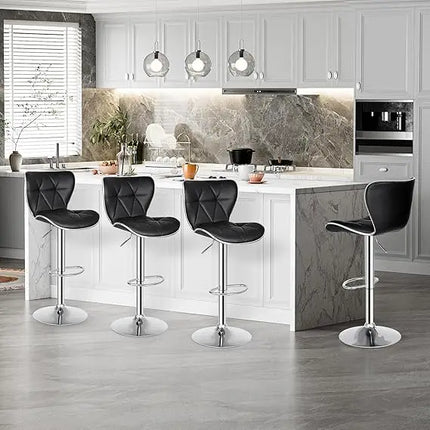 Adjustable Swivel Bar Stools Set of 4, Counter Height Bar Stools with Back, PU Leather Shell Back Tall Stools Set, Black
