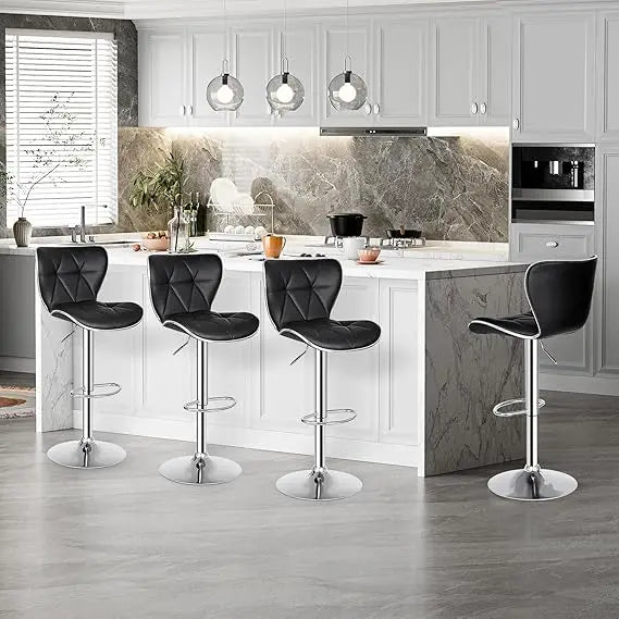 Adjustable Swivel Bar Stools Set of 4, Counter Height Bar Stools with Back, PU Leather Shell Back Tall Stools Set, Black