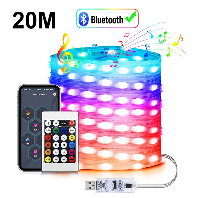 20M RGBIC USB 5V LED Sting Light Bluetooth Music APP WS2812 Programmable DIY Fairy Lights Birthday Party Garland Christmas Decor