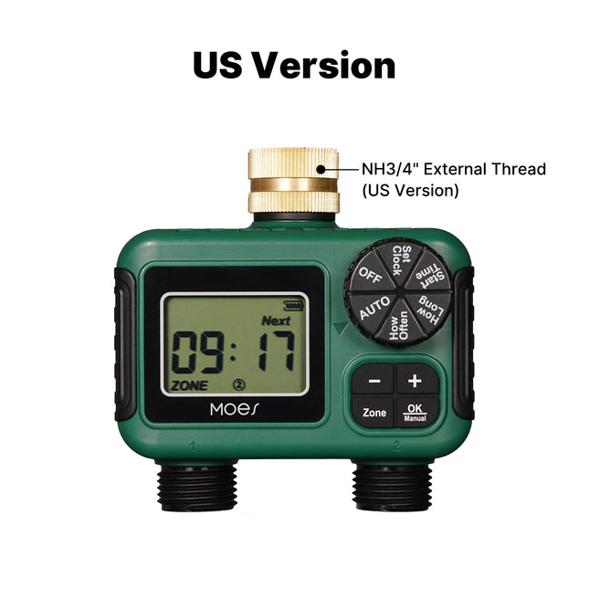 MOES Brass Water Timer 2-Outlet IPX5 Waterproof LCD Display Smart Irrigation Control Rain Delay Child Lock Outdoor Use