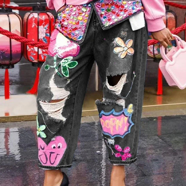 Women's Rhinestone Embellished Distressed Jeans High Waist Loose Trousers Trendy Stretchy Denim Pants Casual Chic Streetwear