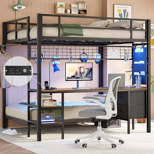 Loft Bed, Desk and Charging Station Metal Loft Bed with Led Lights, Bed Frame with Clothes Rail, Safety Guard & Ladder, Bed