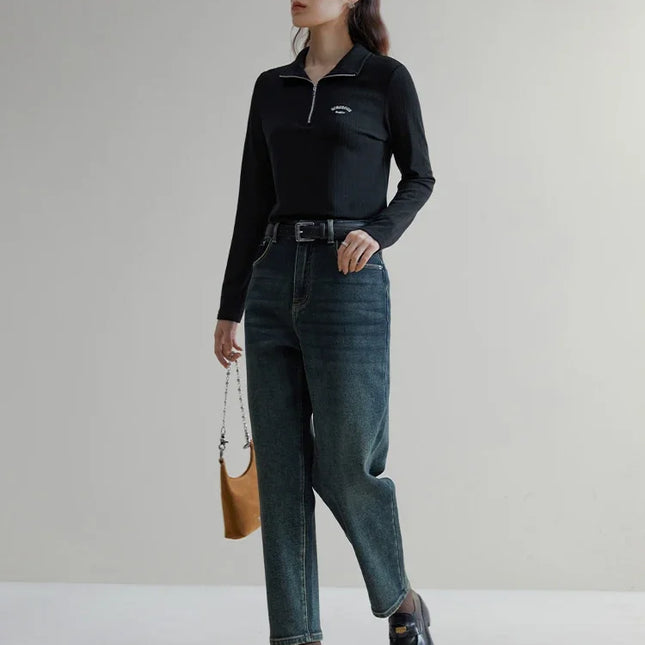 DUSHU High Street Style Slimming Stretch Carrot Pants for Women Winter Wear Daily Versatile High Waist Tapered Jeans Female